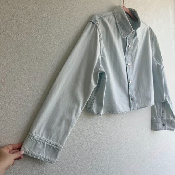 Vince Spring Cotton Twill Cropped Snap Shirt in Celestine Light Blue size M - Picture 5 of 16